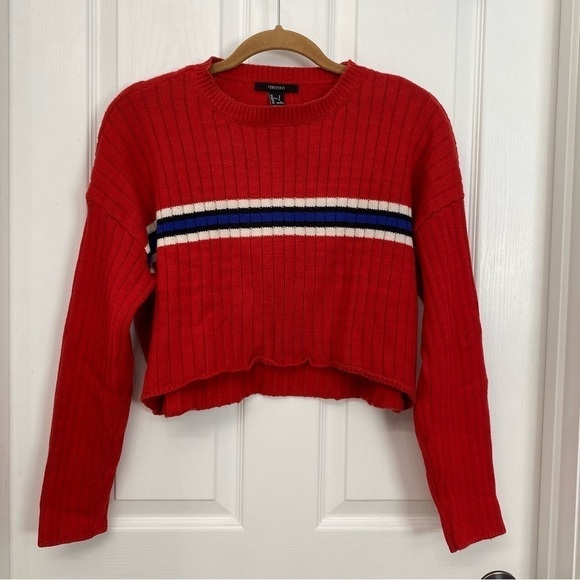 𝅺FOREVER 21 Oversized Cropped Knit Sweater Red Small Ribbed - Picture 1 of 9